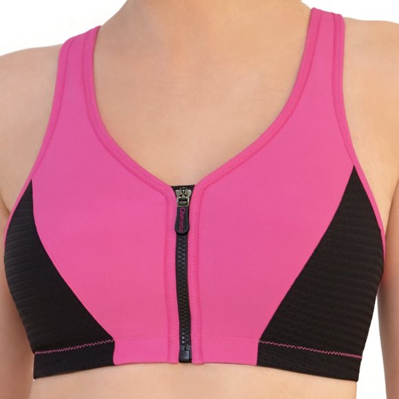 Glamorise SPORT Bra 34F (HIGH-IMPACT) Wicks! (RACERBACK) T-Back Zip-Up PINK New - Picture 4 of 16